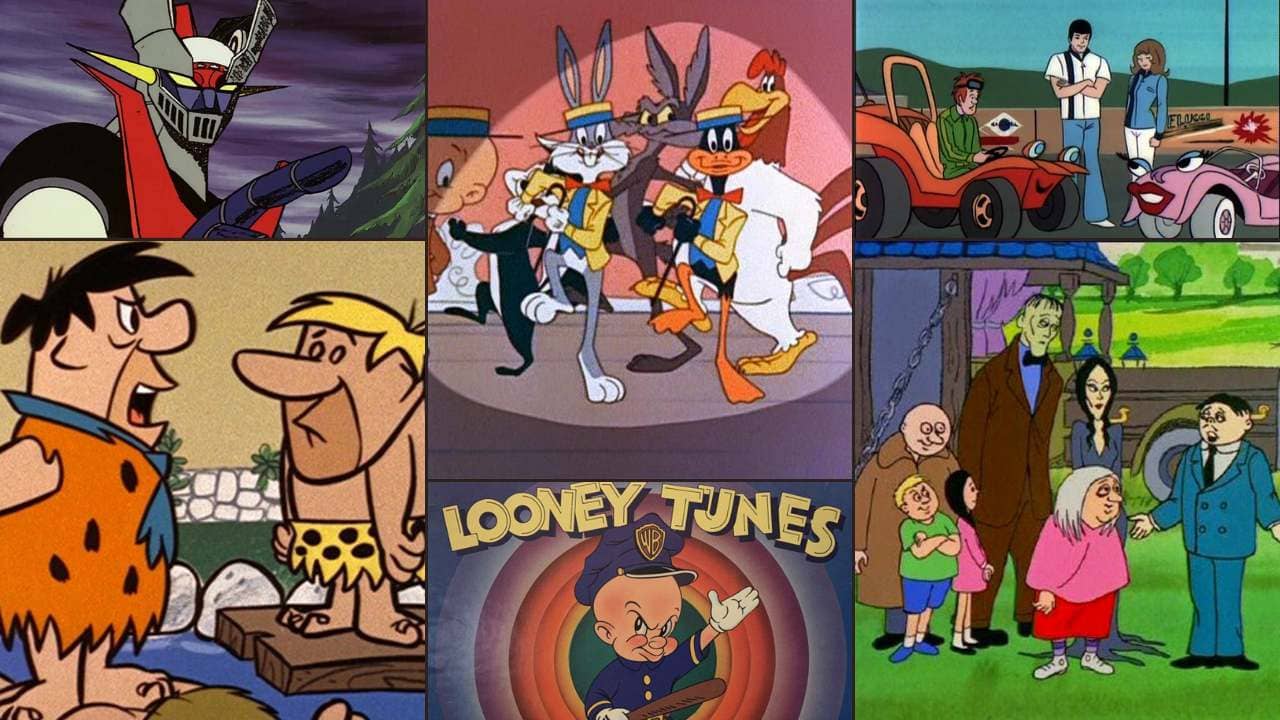 Collage representing what made 1970s cartoons special including Saturday morning lineups and iconic characters