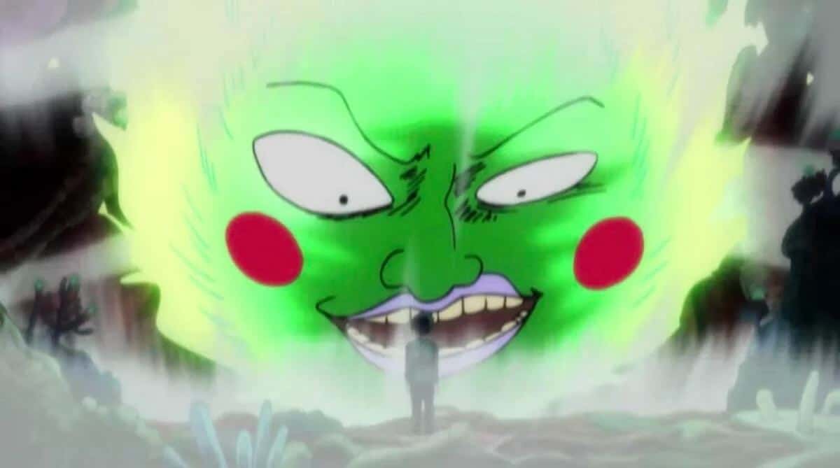 Dimple from Mob Psycho 100 with an unsettling cult-leader smile and eerie mascot-like face