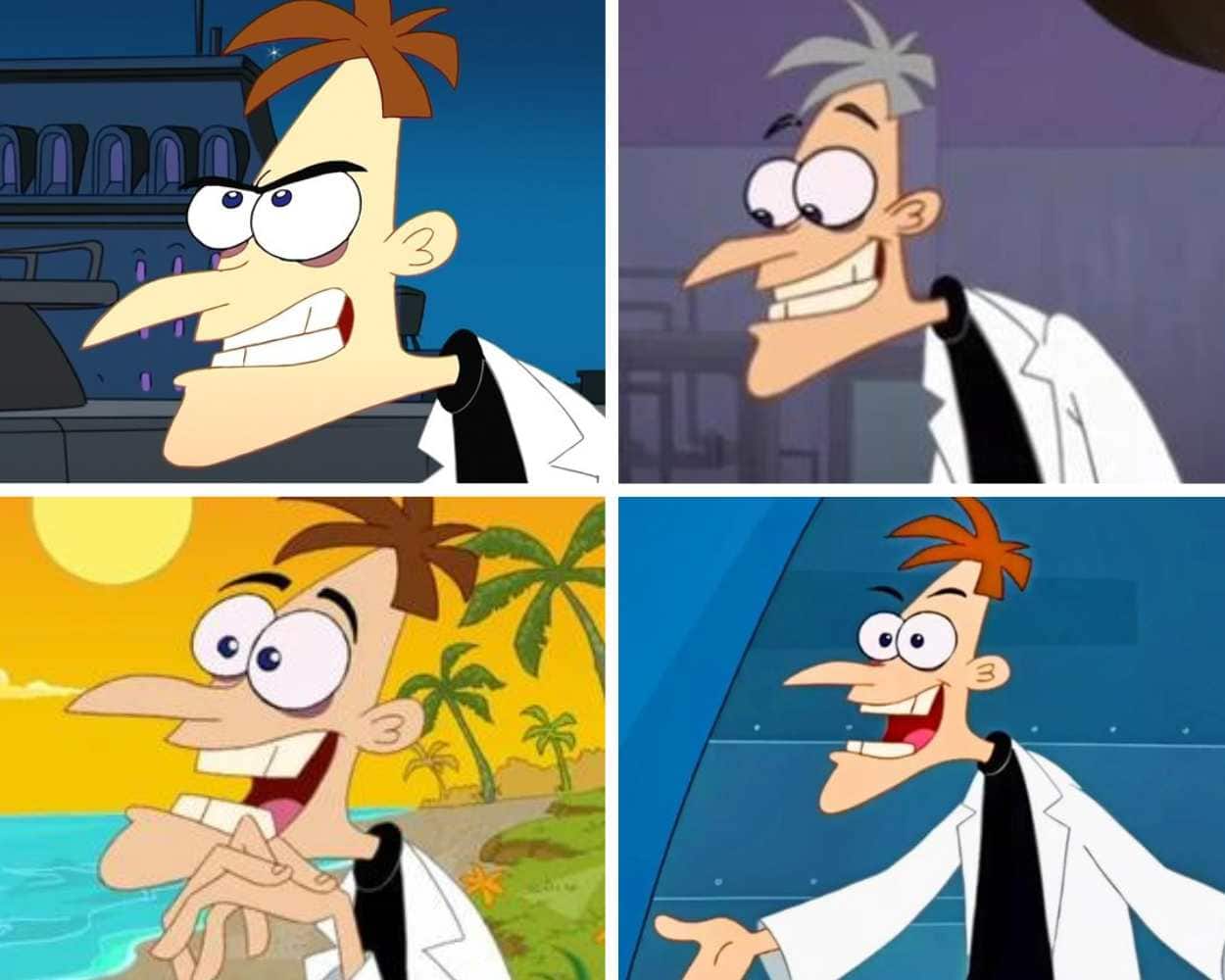 Dr. Doofenshmirtz from Phineas and Ferb with a long nose and big round eyes