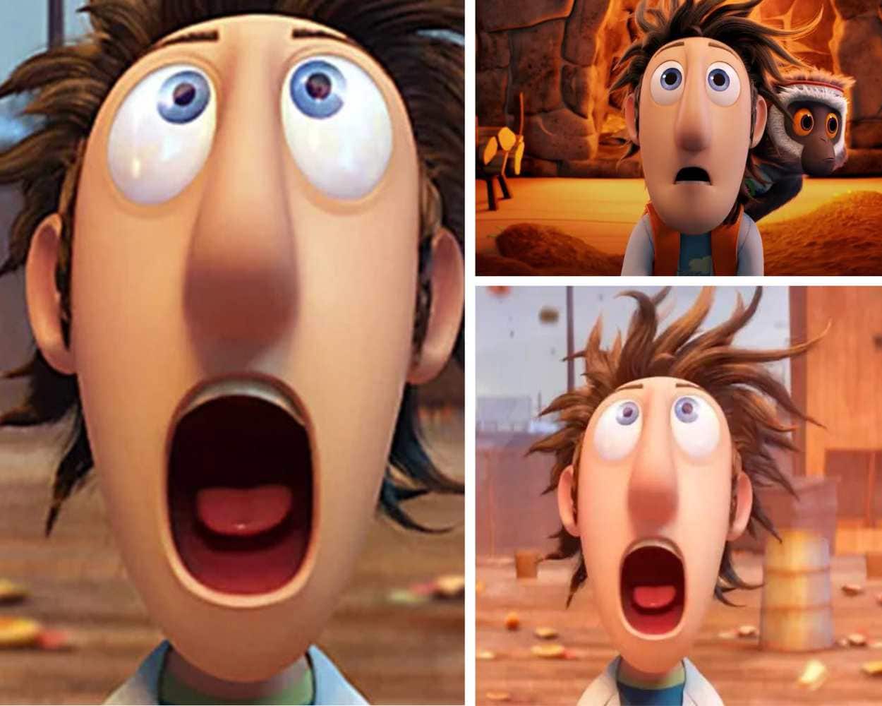Flint Lockwood from Cloudy with a Chance of Meatballs with long nose and curly hair