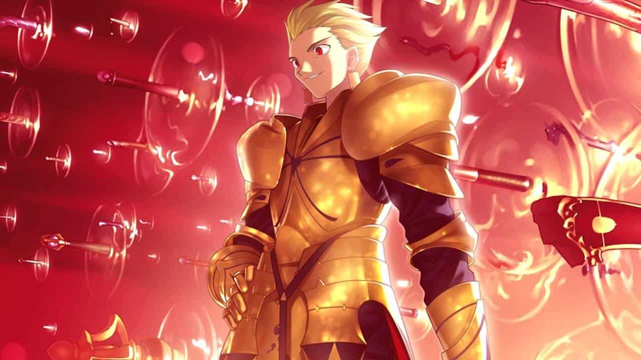Gilgamesh from Fate controlling floating weapons through Gate of Babylon in a telekinetic-style barrage