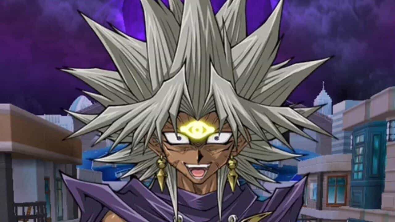 Marik Ishtar from Yu-Gi-Oh smiling with menace, a classic evil smile anime expression