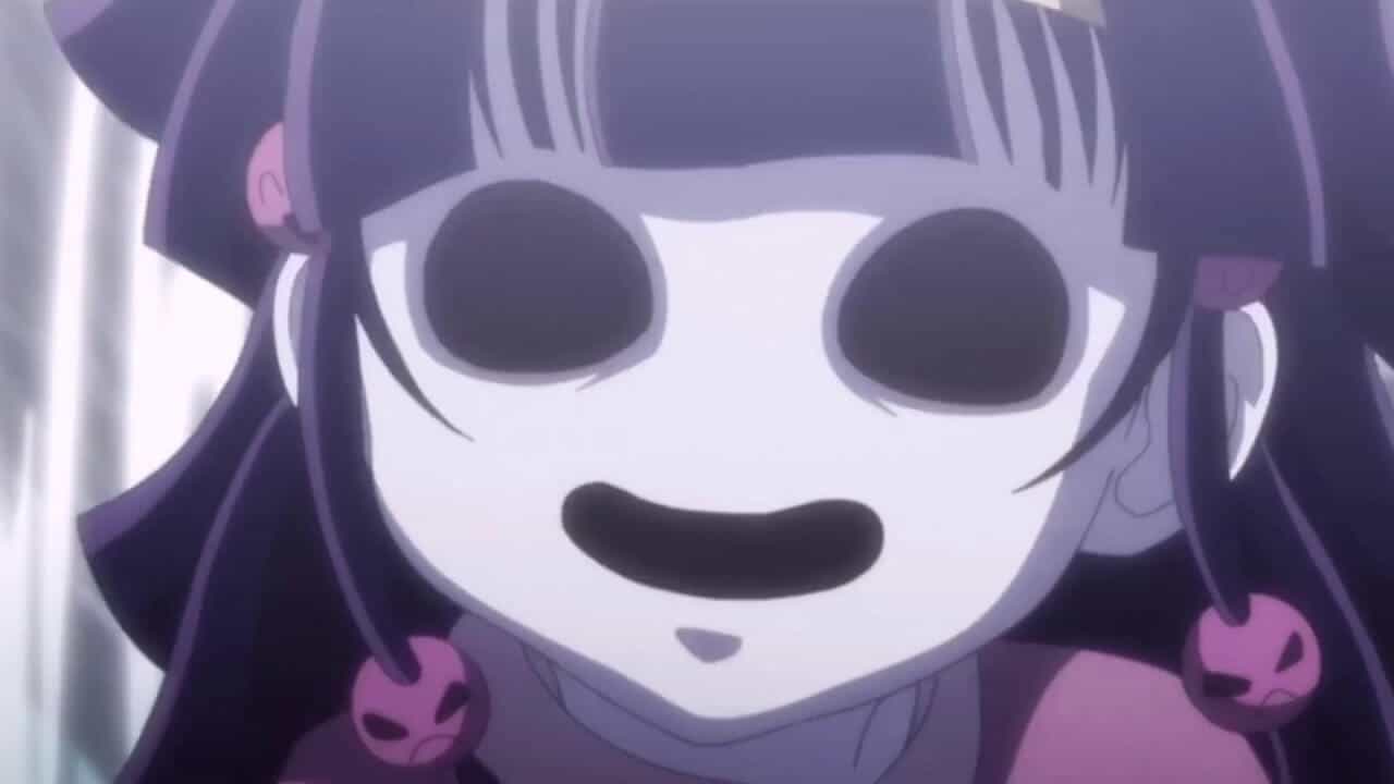 Nanika from Hunter x Hunter smiling with a blank childlike expression, an unsettling anime creepy smile