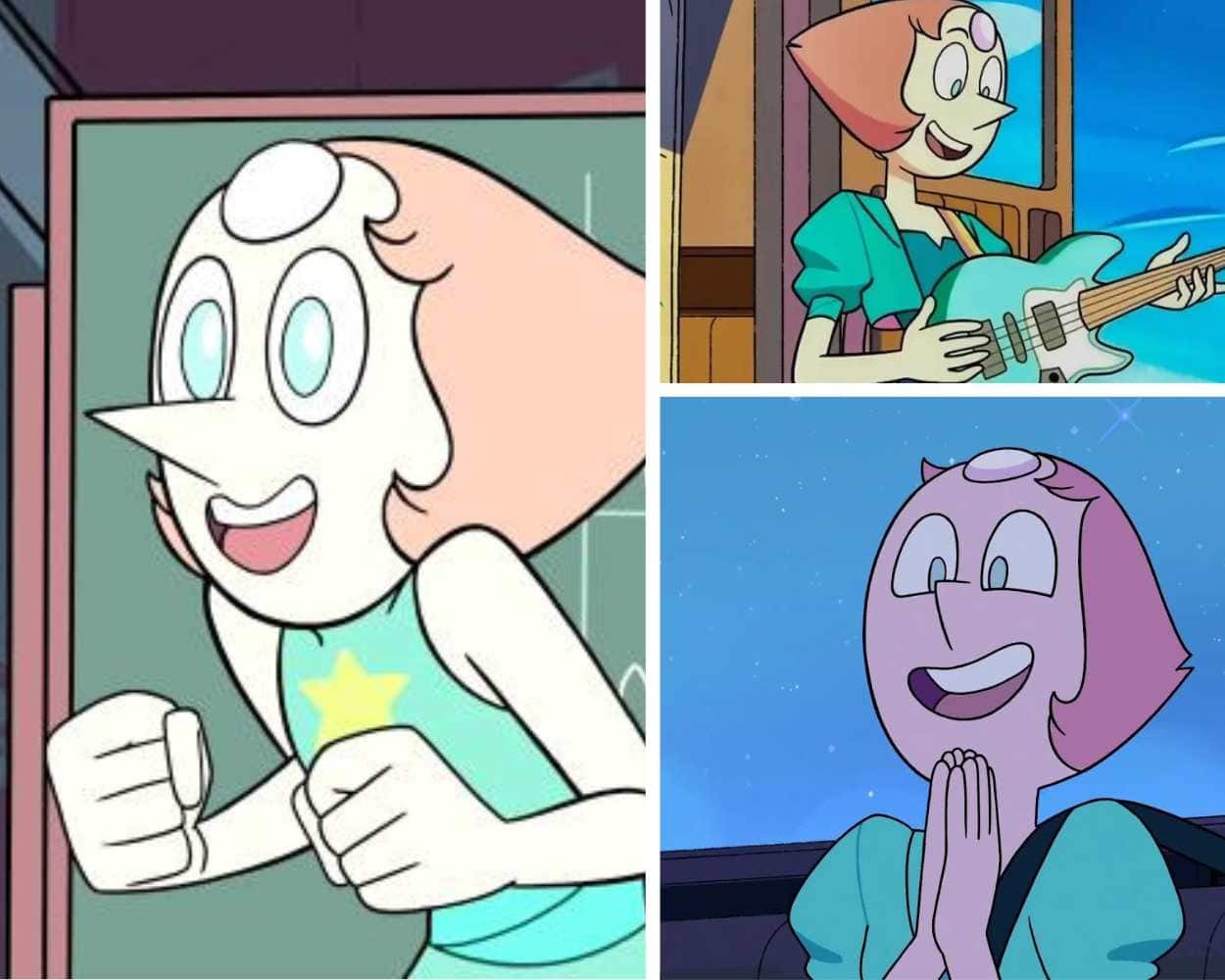 Pearl from Steven Universe with a pointed nose and pale blue skin