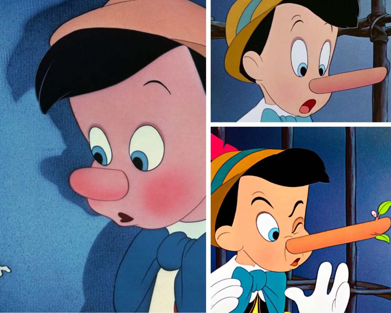 Pinocchio from Disney with a long wooden nose that grows when he lies