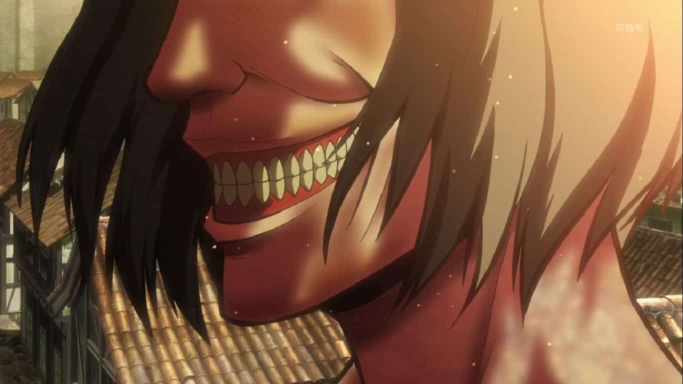 The Smiling Titan from Attack on Titan with an unnerving fixed smile, a famous creepy anime smile
