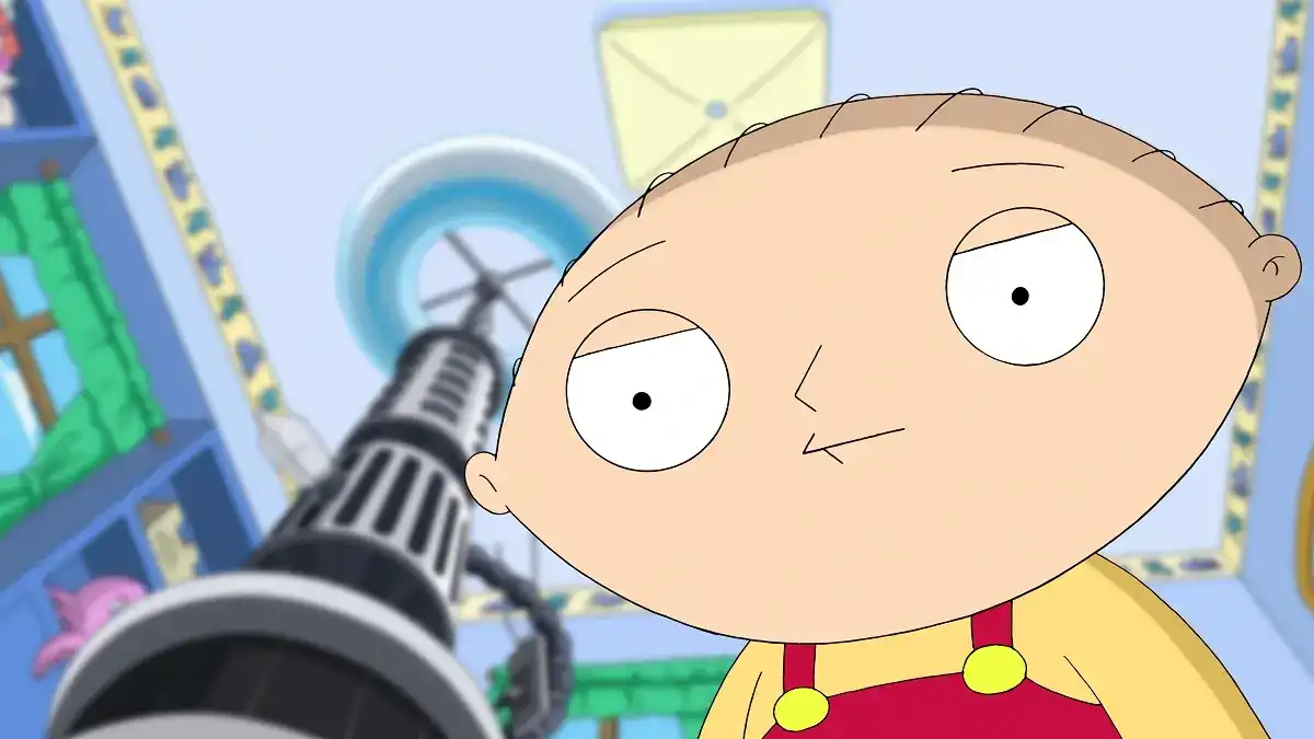 Stewie Griffin from Family Guy with his bald football-shaped head