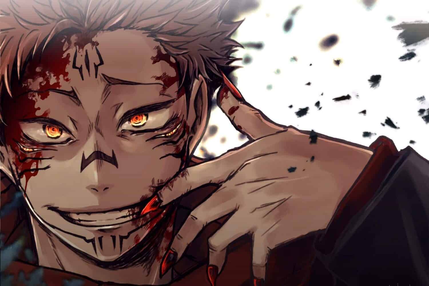 Ryomen Sukuna from Jujutsu Kaisen with a confident evil smile and predatory eyes