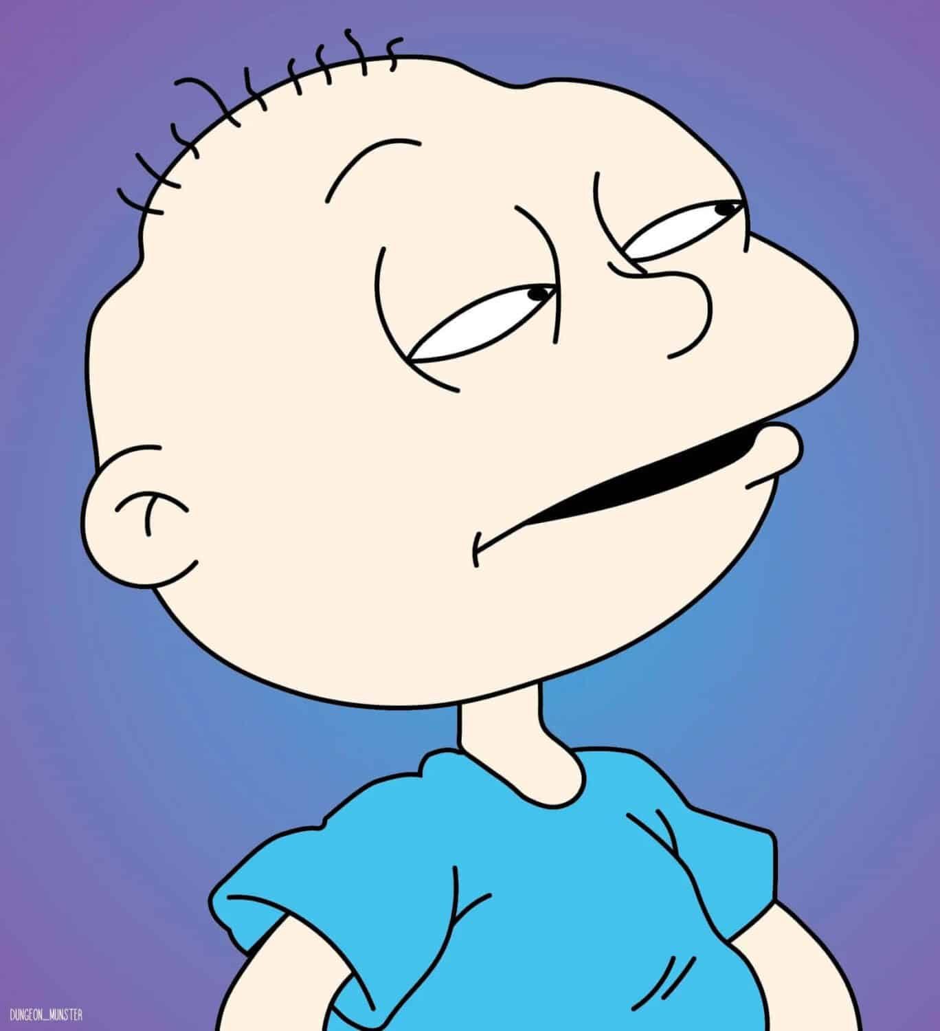 Tommy Pickles from Rugrats with a bald head and blue shirt