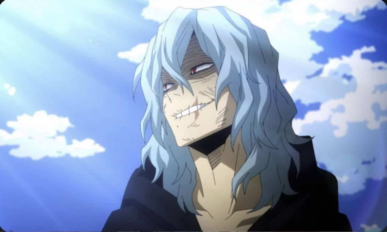 Tomura Shigaraki from My Hero Academia smiling with decay and menace, a creepy anime smile