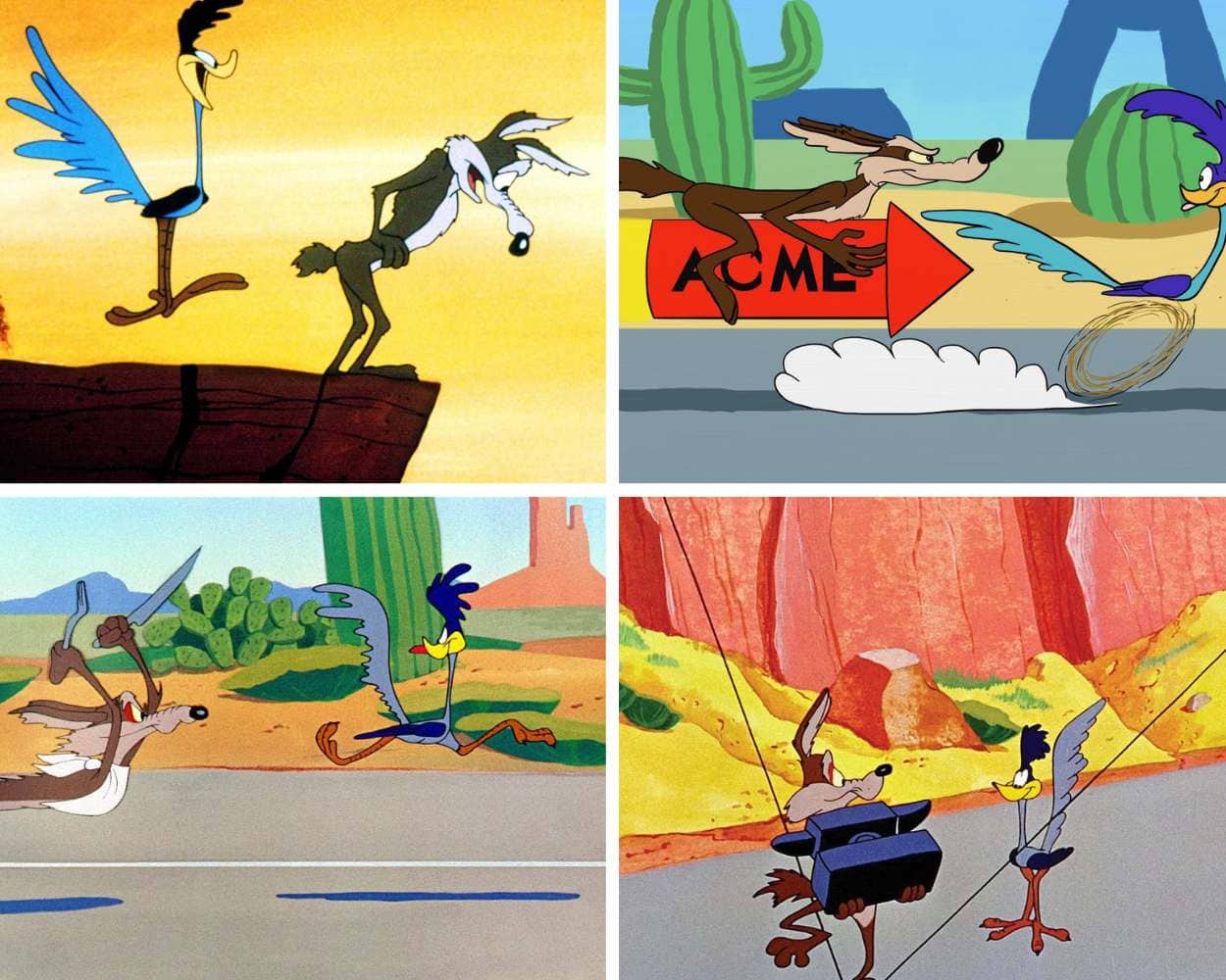 Wile E. Coyote chasing the Road Runner in classic Warner Bros. cartoons