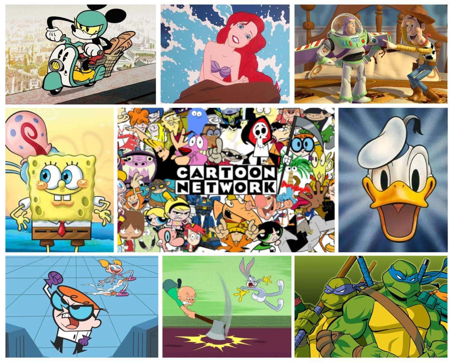 Collage of the most popular cartoon characters of all time from classic and modern animation