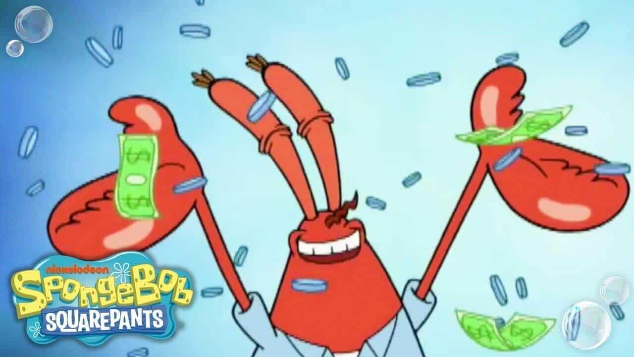 Mr. Krabs from SpongeBob SquarePants, a famous cartoon sea animal character and the greedy crab owner of the Krusty Krab