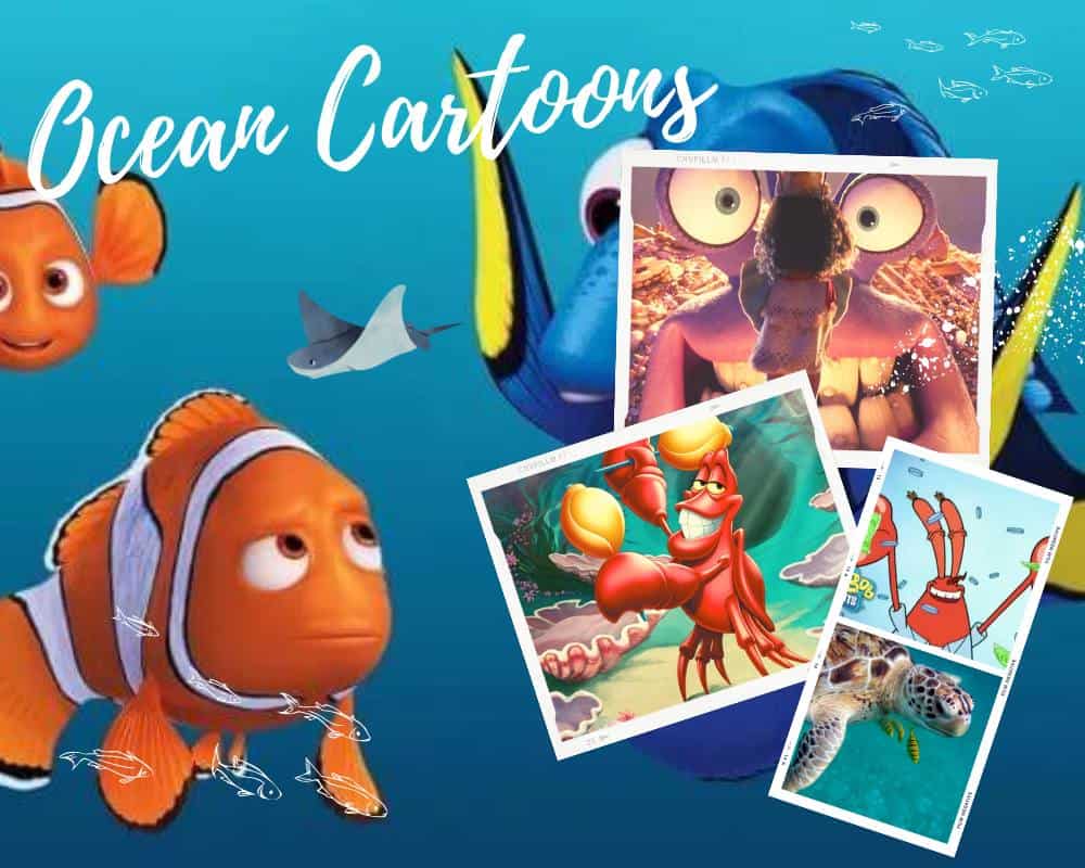 ocean cartoons collage with famous cartoon sea animals and underwater cartoon characters