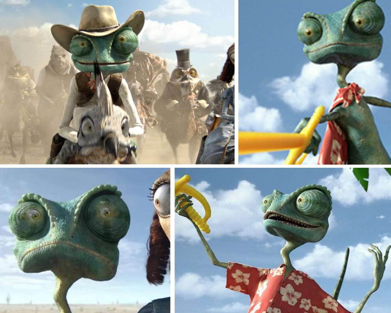 Rango green lizard movie character who becomes sheriff and struggles with identity