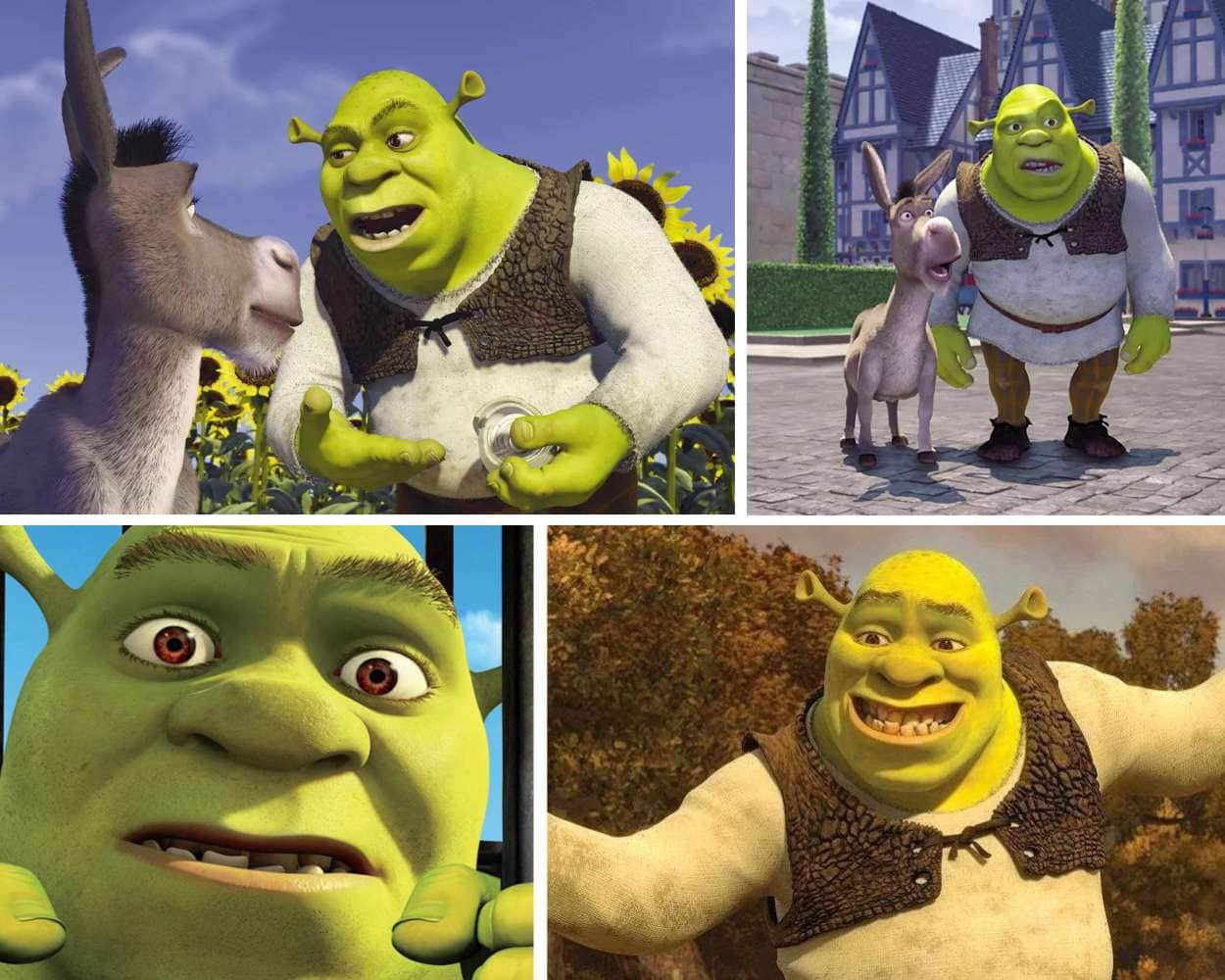 Shrek green ogre cartoon character from DreamWorks who becomes a hero and fan favorite