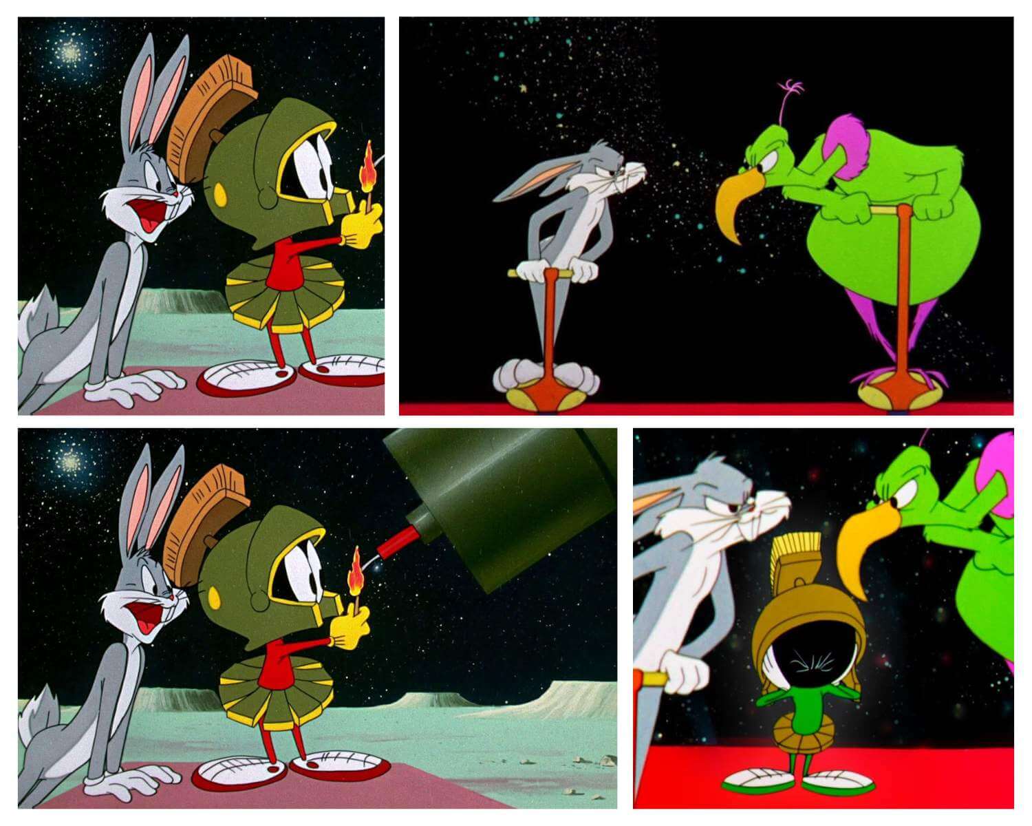 Bugs Bunny outsmarting the Instant Martians from Looney Tunes