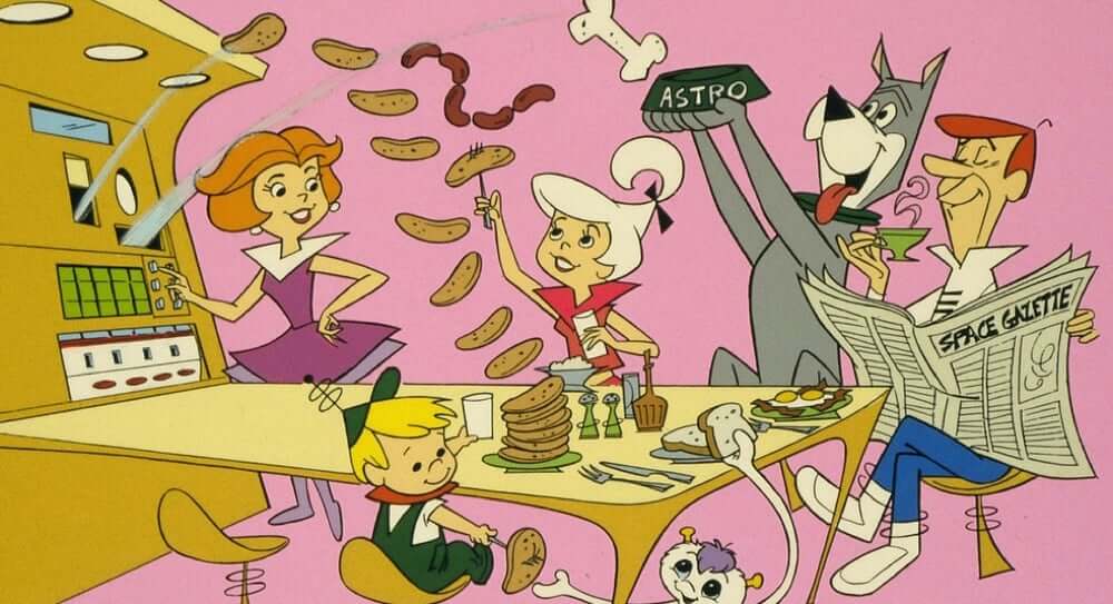 The Jetsons characters: Judy, George, Jane, Elroy, Astro, and Rosie