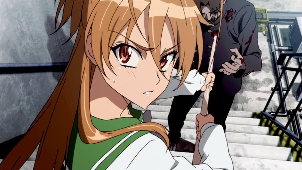 Rei Miyamoto using her spear and rifle in Highschool of the Dead