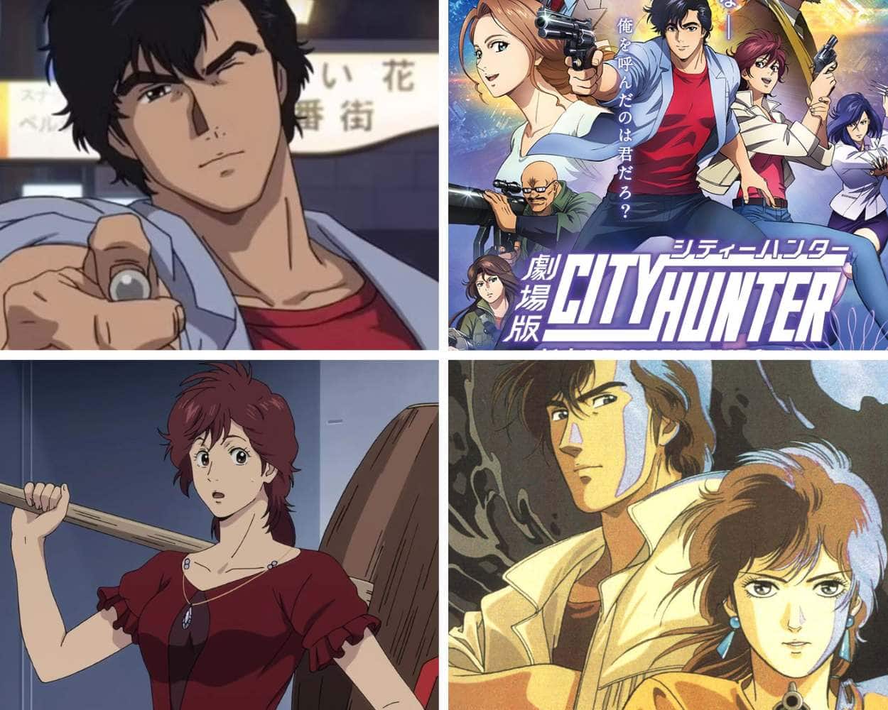 Ryo Saeba holding a revolver with a city skyline background
