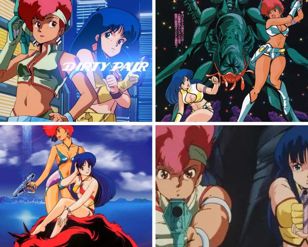 Kei and Yuri of the Dirty Pair posing with futuristic guns