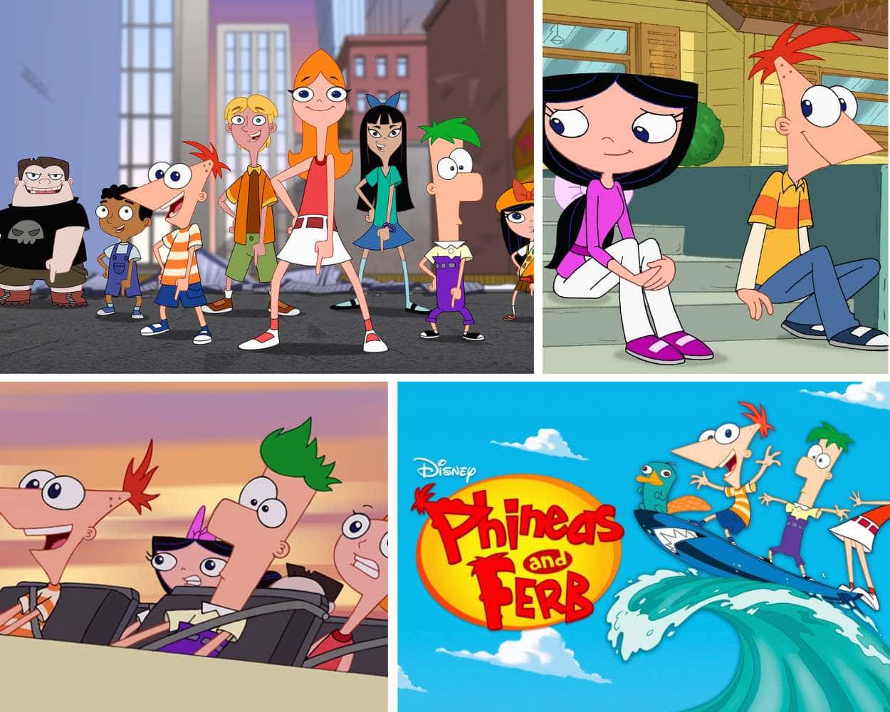 Phineas and Ferb showing the two stepbrothers with their signature triangle and rectangle designs