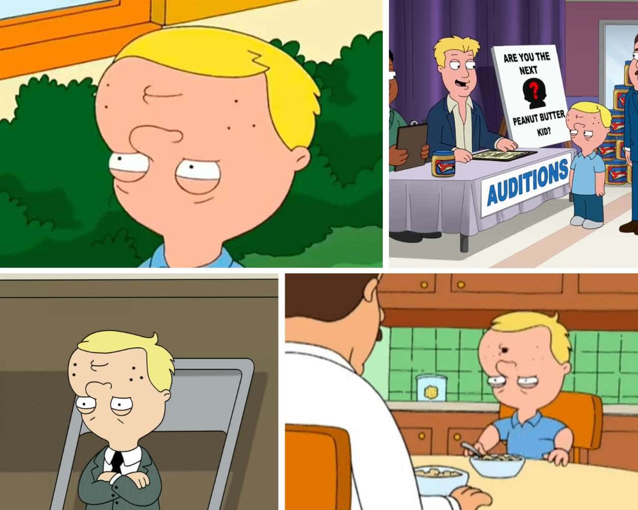 Jake Tucker from Family Guy, odd cartoon character with an upside-down face