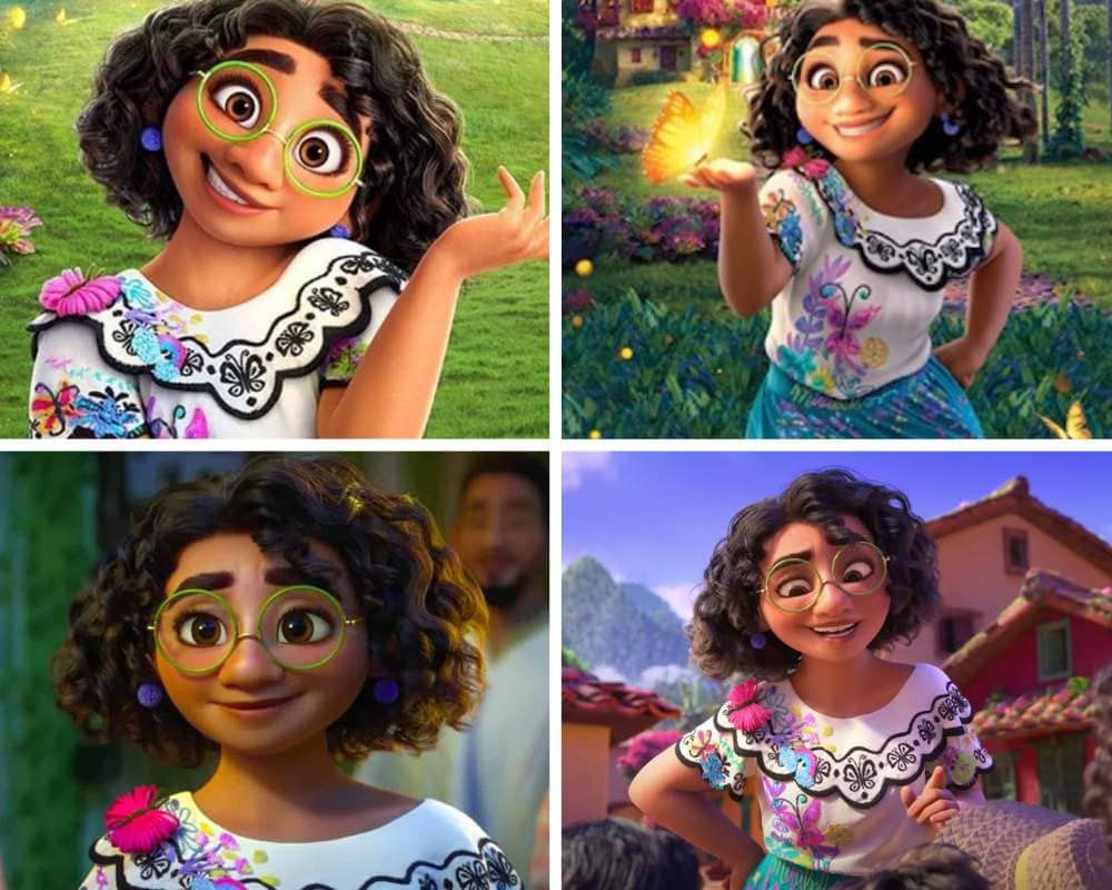 Mirabel Madrigal from Encanto, a Disney female cartoon character with curly black hair and glasses