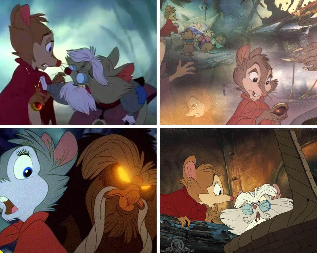 Collage of dark animation scenes from The Secret of NIMH featuring Mrs. Brisby