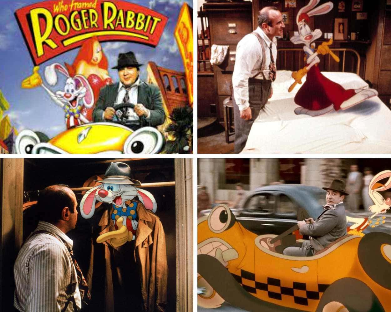 Roger Rabbit interacting with live action actors in the 1988 classic film